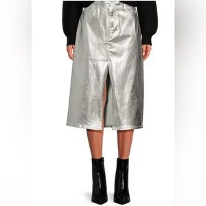 Every Metallic Coated Stretch Denim High Rise Front Split Hem Midi Pencil Skirt